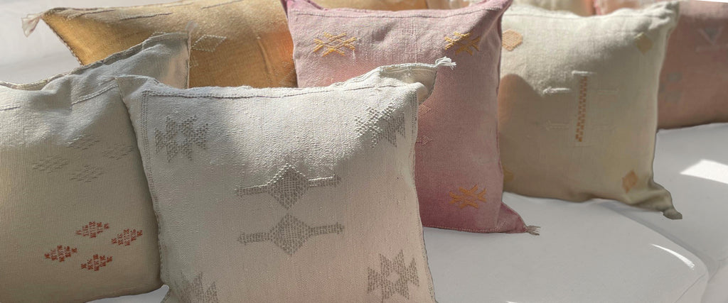 Cactus silk cushions Comfy and elegant handmade neutral cushions with Moroccan motifs, perfect for adding a touch of Moroccan charm to your home decor, available at Moroccan Tribe.