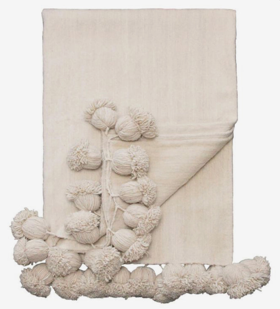 Large white cream pom pom blanket