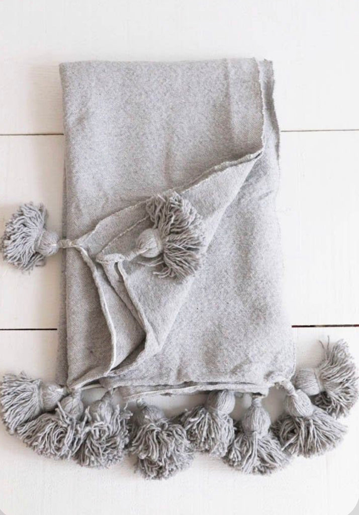 Grey pom pom handmade moroccan throw