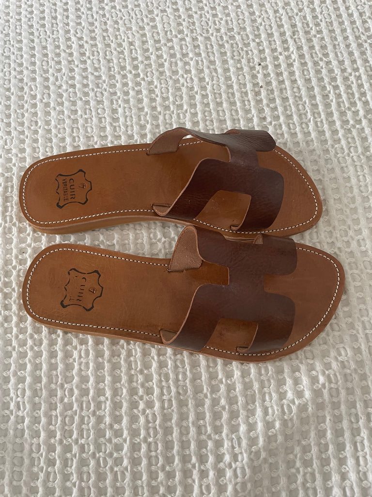 Handmade natural brown leather slides great for summer made in Morocco 