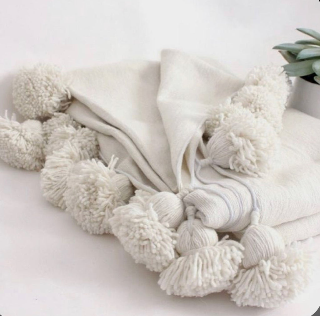 gorgeous white pom pom handmade cotton throw