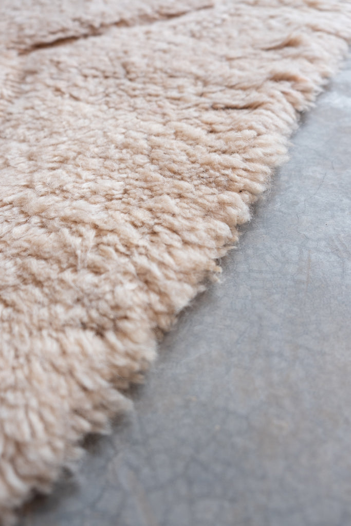 Contemparary Moroccan rug with tribal-inspired motifs and neutral hues.