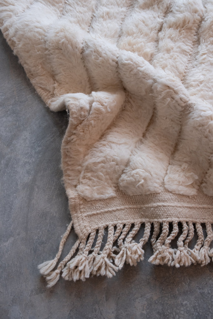 Contemporary Moroccan rug  with intricate patterns and neutral colors, suitable for both modern and traditional interiors.